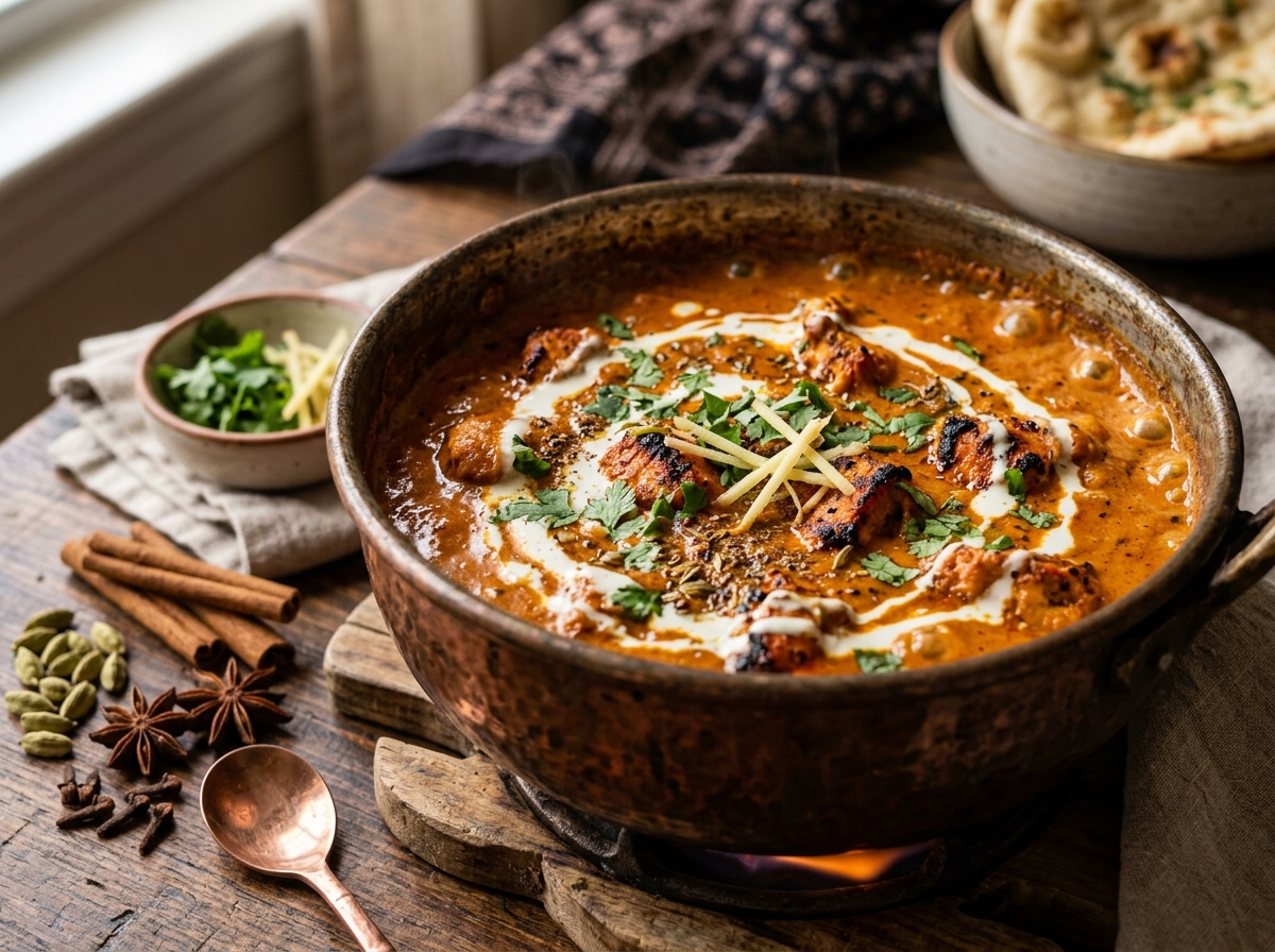 Flavourful Curries simmering in traditional copper handi