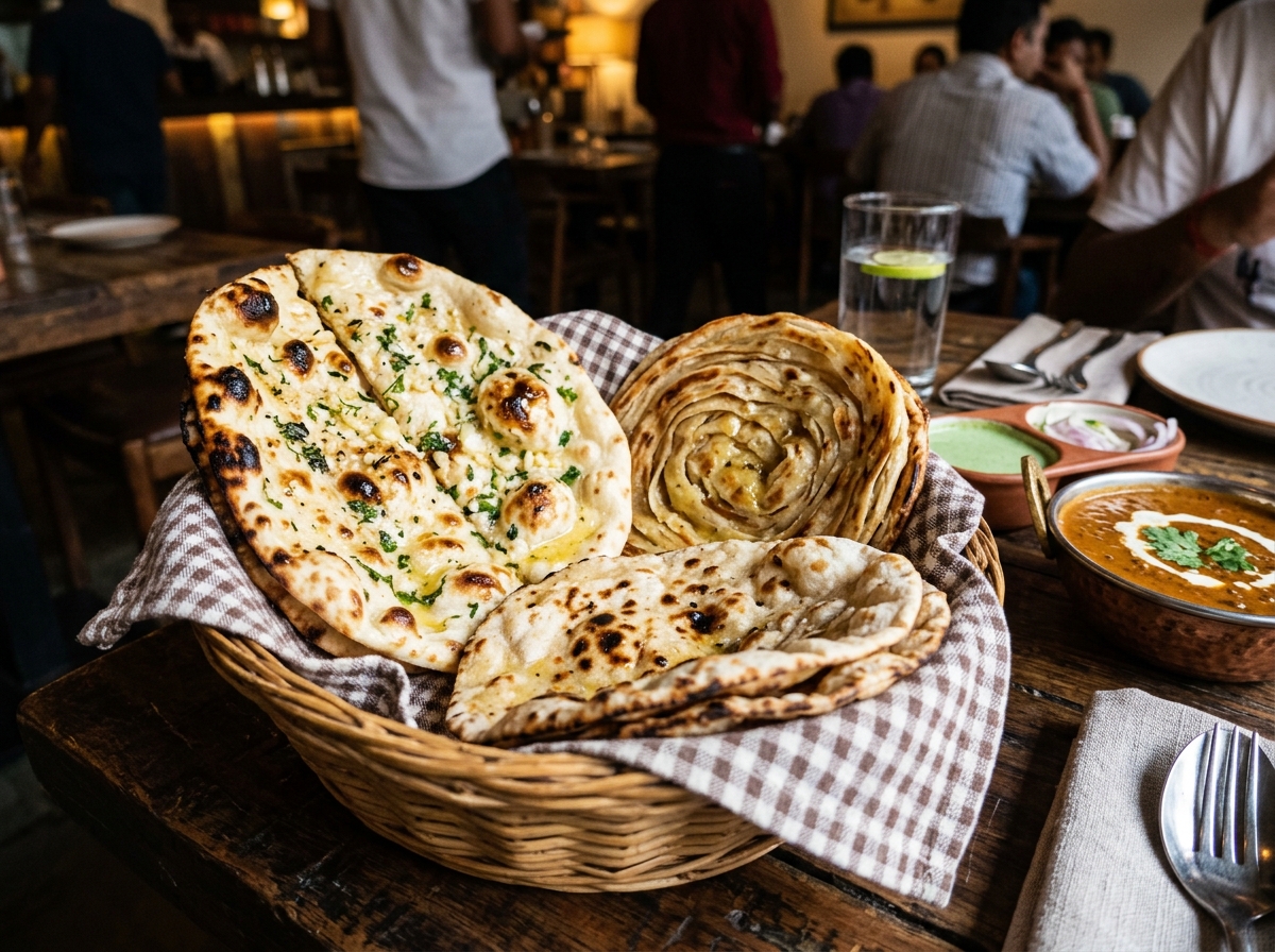 Freshly baked tandoori naans, rotis, and layered parathas