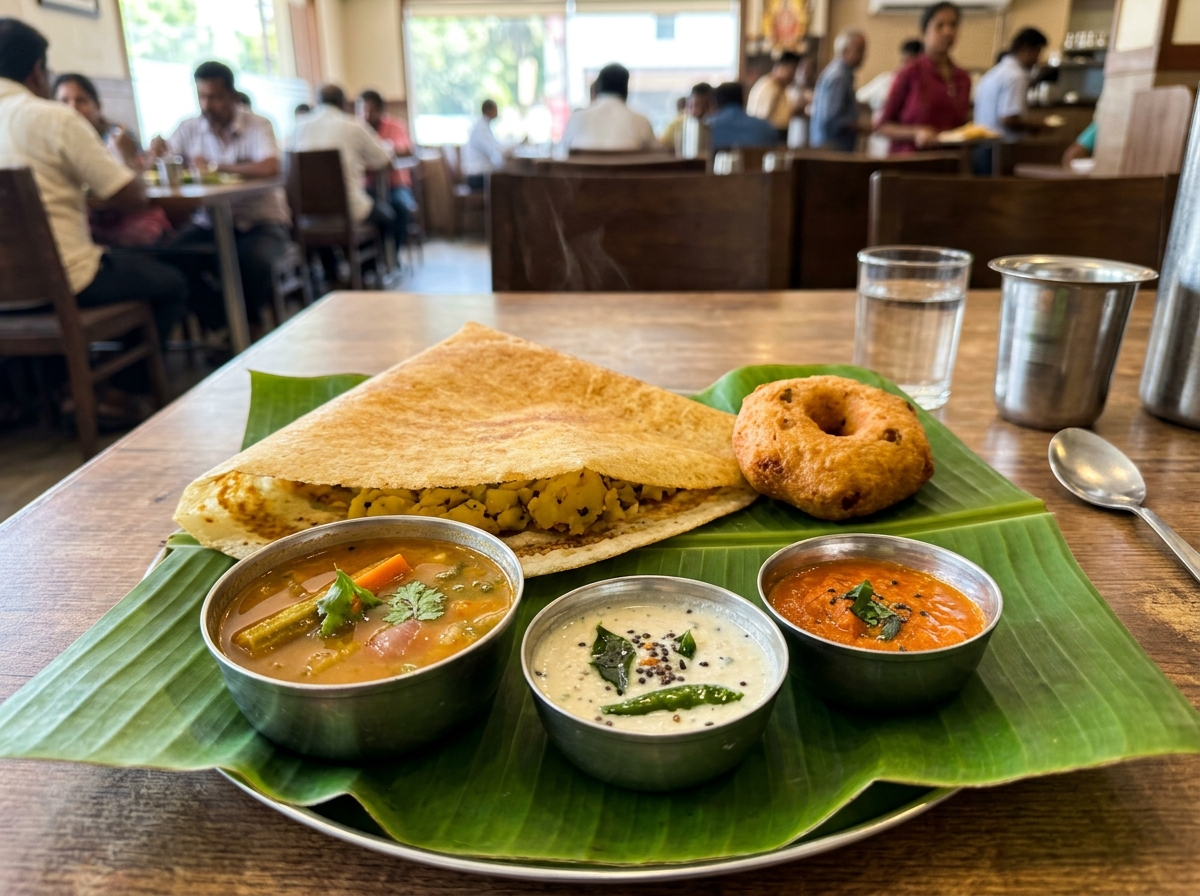Crispy golden South Indian dosa with sambar and chutneys