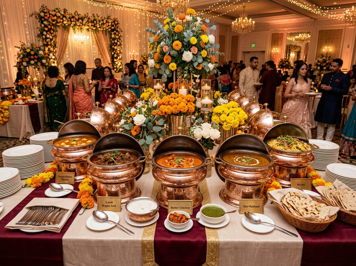 Luxury Indian catering buffet setup with copper chafing dishes