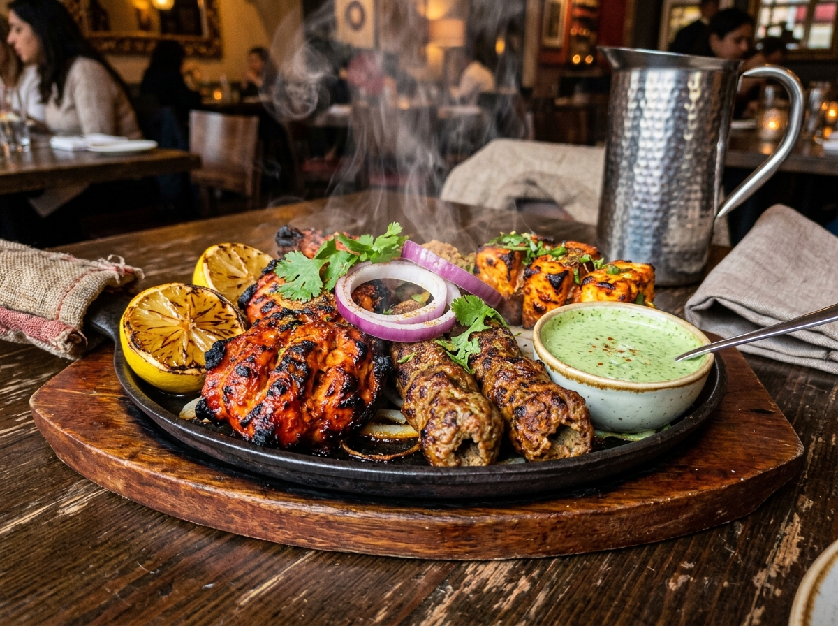 Char-grilled tandoori chicken and paneer tikka with mint chutney