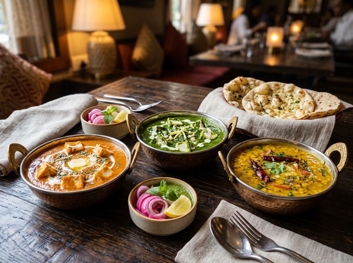 Assorted vegetarian Indian dishes including paneer butter masala and dal