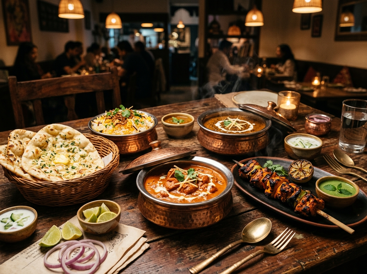 Signature authentic Indian dining spread at Namaste India Restaurant featuring copper handi curries, fresh naan, and tandoori specialties